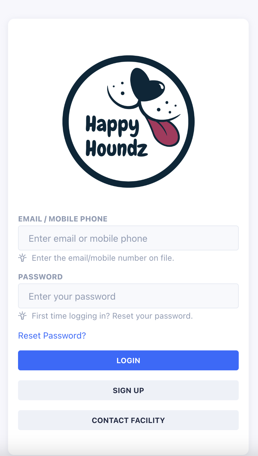 Gingr App login page for Happy Houndz